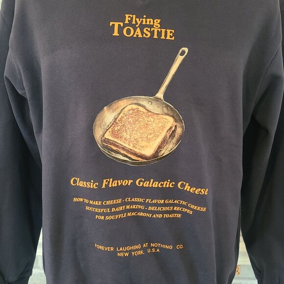 FLAN Flying Toastie Grilled Cheese Graphic Sweatshirt Mens Small Navy Blue NEW - Picture 2 of 10